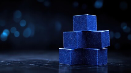 A stack of luminous blue cubes against a dark background, creating a striking visual effect with subtle bokeh lights.