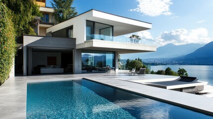 Fototapeta premium Modern villa with a pool overlooking a scenic lake and mountains.