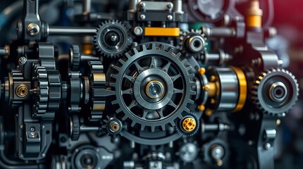 Fototapeta premium Close-up view of intricate metallic gears, showcasing the complexity and precision of industrial machinery. Dark, sleek, and powerful.