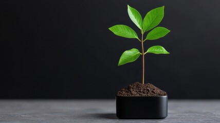 A small green plant with leaves grows from soil in a black pot, set against a dark background, symbolizing growth and renewal.