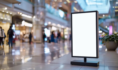 Screen banner in a supermarket or hypermarket with a white background for mockup. Copyspace for marketing and sales design of various services and goods.