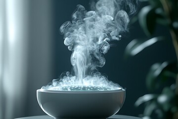 A white humidifier diffusing steam into the air, promoting a sense of tranquility and well-being.