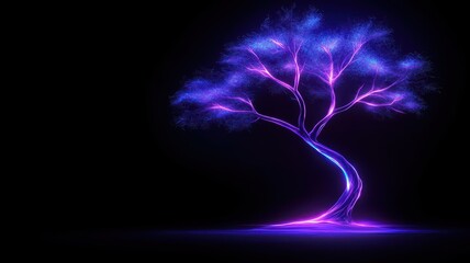 A glowing, abstract tree silhouette with vibrant blue and pink hues against a dark background, evoking a mystical, enchanting atmosphere.