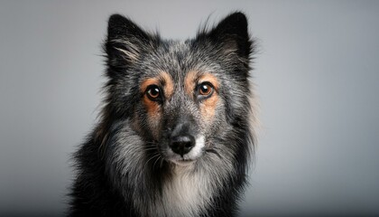 Fototapeta premium Canine close-up showcasing a dog’s multicolored fur, expressive eyes, and alert posture against a neutral backdrop.