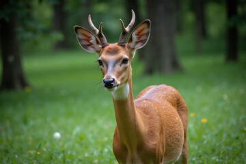 Deer with antlers in lush green forest