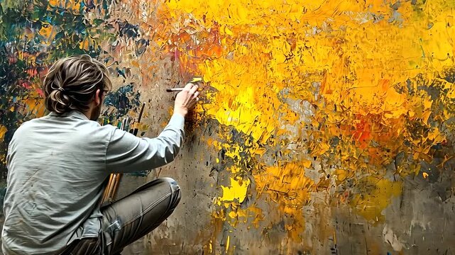Lone Artist Painting in Dimly Lit Studio at Night
