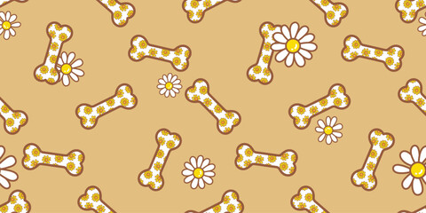 Dog bone seamless pattern flower daisy doodle cartoon vector tile background gift wrapping paper repeat wallpaper illustration scarf isolated design
