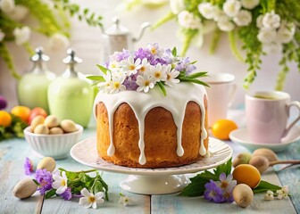 Long Exposure Easter Cake Photography: Spring Flowers & White Icing Festive Table