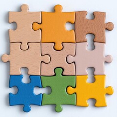 Obraz premium A photostock of abstract puzzle pieces in vibrant shades, scattered on a clean white background, creative and colorful, High Quality