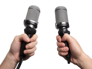 A journalist's hand holding a microphone isolated against a transparent background, ideal for media-related content, interviews, or news reporting themes.