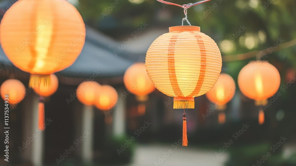 Poster Chinese lanterns idea. Beautifully lit lanterns create a warm, inviting atmosphere in a serene setting.