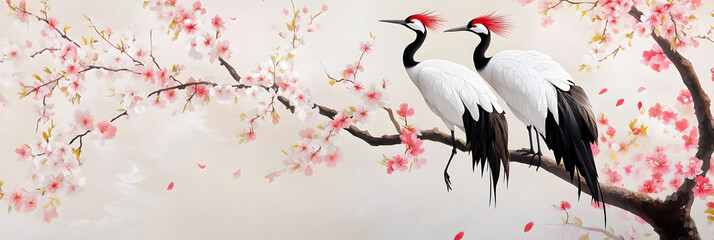 Two elegant cranes perched on a cherry blossom branch, showcasing serene beauty and harmony in nature.