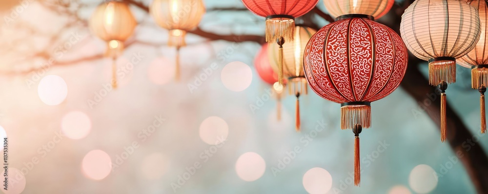 Poster chinese lanterns idea. beautiful traditional lanterns hanging from a tree, illuminating a serene atm