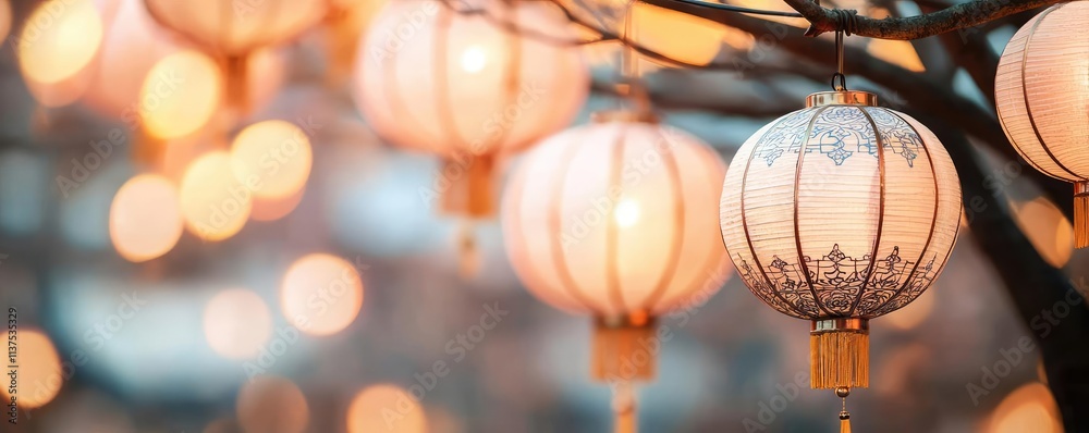 Poster chinese lanterns idea. beautifully lit lanterns hanging from branches, creating a warm, festive atmo