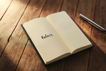 Random Acts of Kindness Day Concept. Open notebook with the word "Reflect" written on the pages