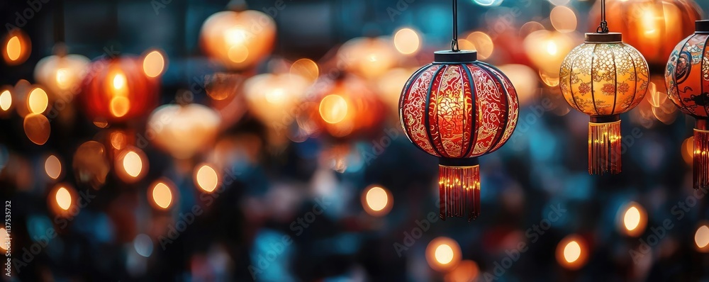 Poster chinese lanterns idea. vibrant lanterns illuminating a festive atmosphere with warm glowing lights.