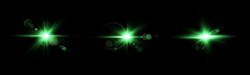 A set of light green reflection effects, neon lighting in green tones. Bright light lens. Police light effects, lines. Shiny stars, glowing sparks on a black background.