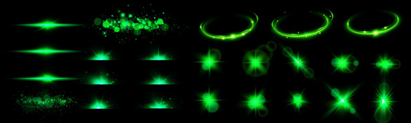 A set of light green reflection effects, neon lighting in green tones. Bright light lens. Police light effects, lines. Shiny stars, glowing sparks on a black background.