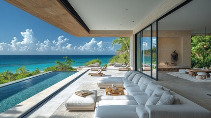 Fototapeta premium Modern villa with ocean view, featuring a pool and spacious lounge area for relaxation.