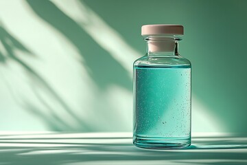 A blue liquid in a glass bottle on a green background