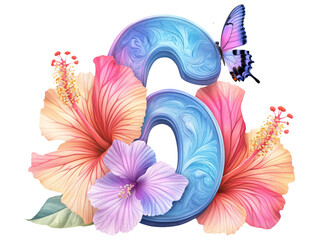 Fototapeta premium Colorful Number Six with Floral Hibiscus and Butterfly Wings Design