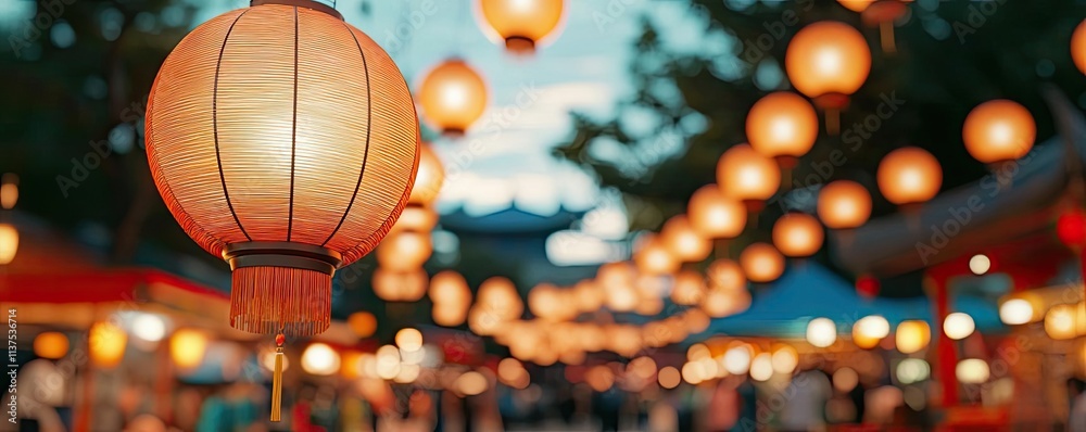 Poster chinese lanterns idea. colorful lanterns illuminate a festive evening market under a twilight sky.