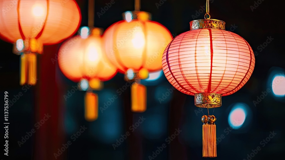 Poster Chinese lanterns idea. Chinese lanterns illuminate an evening setting, creating a warm and festive atmosphere.