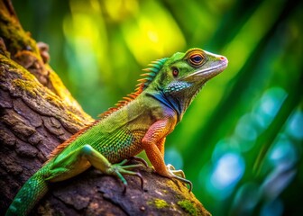 Obraz premium Long Exposure of a Colorful Lizard Camouflaged on a Tree Bark Amidst Lush Greenery, Capturing Nature's Beauty and the Intricacies of Wildlife in a Serene Environment