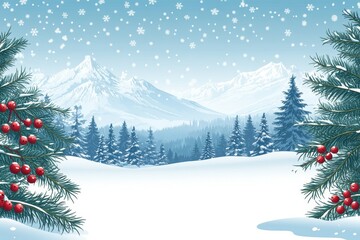 Obraz premium Snowy Mountain Landscape with Evergreen Trees and Red Berries
