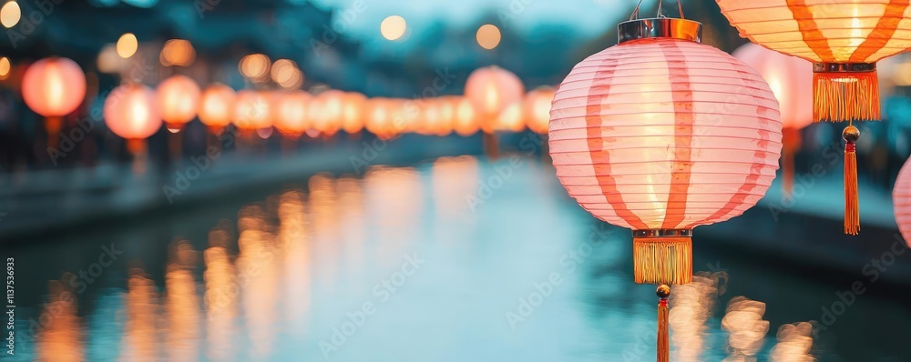 Poster Chinese lanterns idea. Beautiful lanterns illuminate the riverside, creating a serene twilight atmosphere.