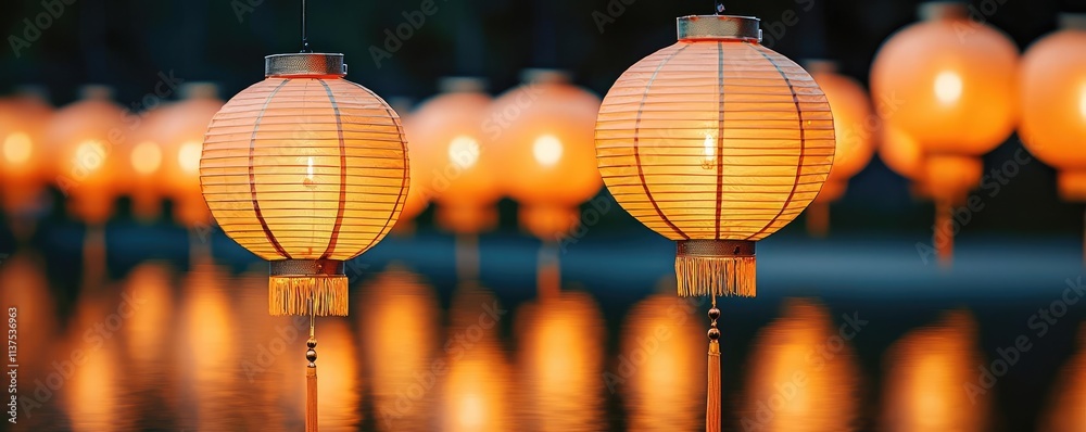 Poster Chinese lanterns idea. Beautiful illuminated lanterns glowing softly in the evening, creating a serene ambiance.