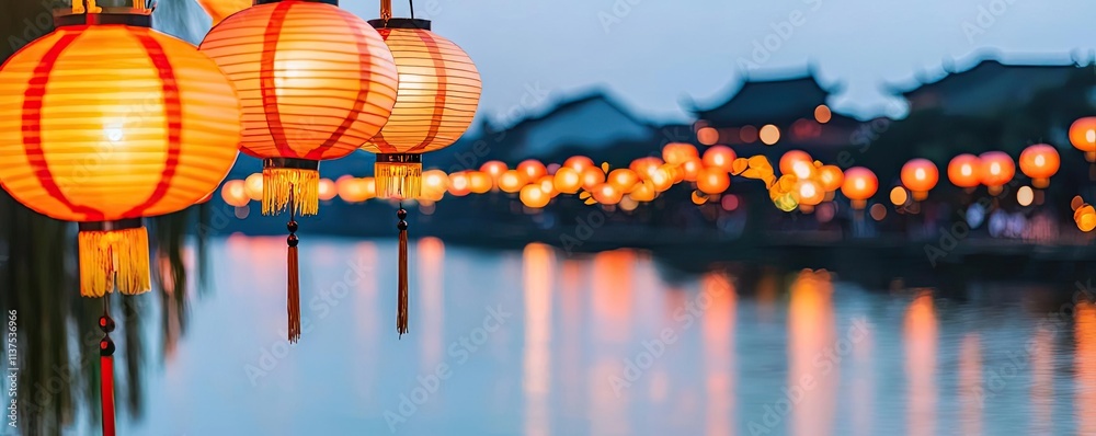 Poster Chinese lanterns idea. Illuminated lanterns reflecting on water during twilight in a serene cultural setting.