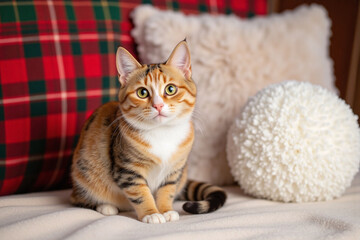 Calico cat near festive pillows in soft focus