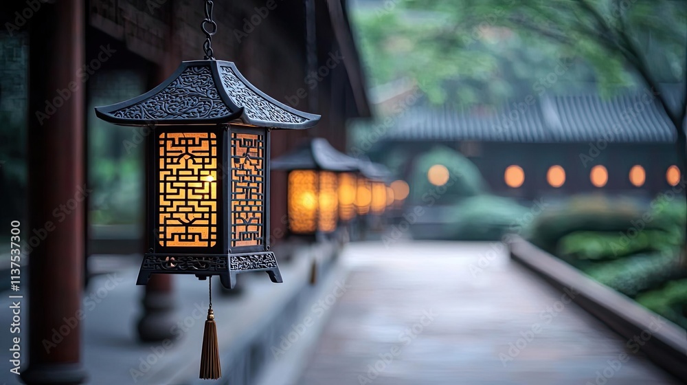 Poster chinese lanterns idea. a serene view of traditional lanterns illuminating a peaceful path in a tranq