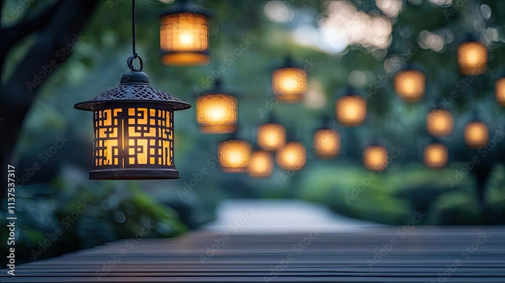 Poster chinese lanterns idea. serene lanterns illuminate a tranquil garden pathway, creating a cozy atmosph