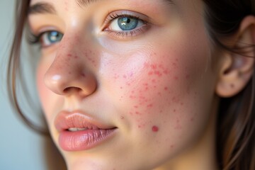 Fototapeta premium Close-up Portrait of a Young Woman with Acne Struggles, Perfect for Skincare Product Demonstrations and Awareness Campaigns