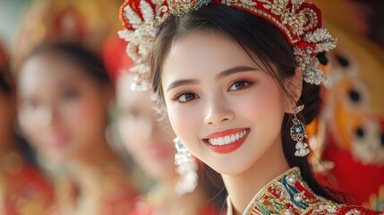 Fototapeta premium Joyful and Radiant Asian Woman Wearing Elaborate Traditional Dress Jewelry and Ornate Crown Headpiece Expressing Happiness and