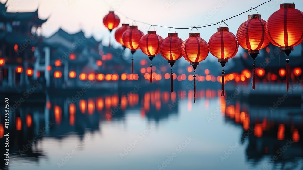 Poster Chinese lanterns idea. Red lanterns reflect on water, creating a serene atmosphere in an ancient setting.