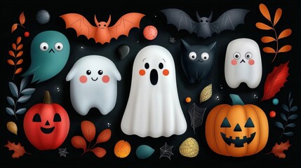 Whimsical Halloween with Spooky Characters and Fall Foliage  Playful and colorful depiction of classic Halloween symbols and creatures such as ghosts pumpkins bats