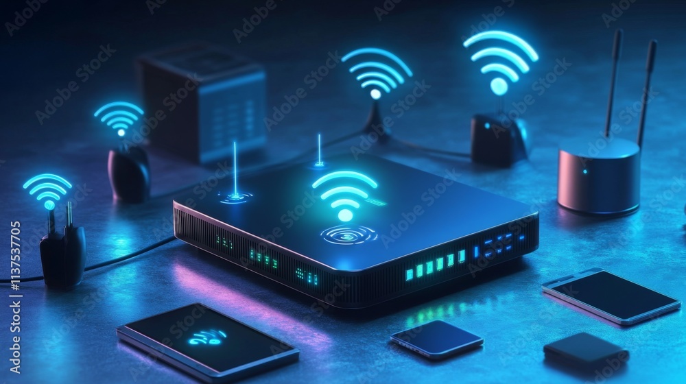 Aufkleber futuristic wireless router with digital connections and signals