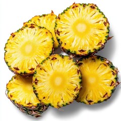A photostock of neatly arranged canned pineapple slices, isolated on a white background, vibrant and tropical, High Quality