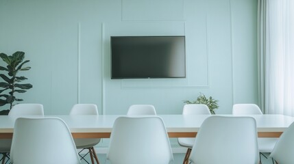Modern meeting room with table, chairs, tv screen, and plant.