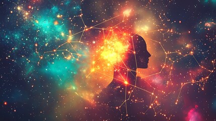 Abstract cosmic head silhouette with glowing connections, representing ideas, innovation, and the universe.
