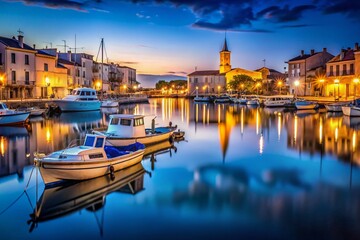 Fototapeta premium Long Exposure Photography: Le Grau-du-Roi Harbor, France - Night Lights, Boats, Sea