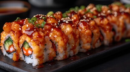 Fototapeta premium Crispy shrimp sushi roll with teriyaki glaze.