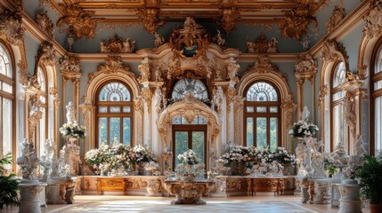 Fototapeta premium Ornate interior with floral arrangements and intricate architectural details.