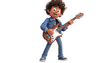 Obraz premium A cheerful young boy in a denim jacket plays guitar passionately with excitement and confidence in a lively atmosphere.