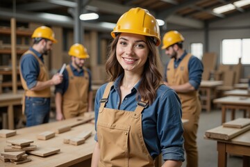 Skilled female carpenter in workshop with team: empowerment, craftsmanship, and collaboration in modern woodworking