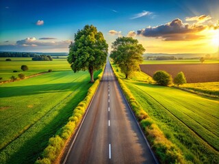 Obraz premium Long Straight Road Rural Landscape, Country Road Photography, Scenic Highway, Straight Road Rural Area, Open Road Countryside, Asphalt Road, Summer Country Drive