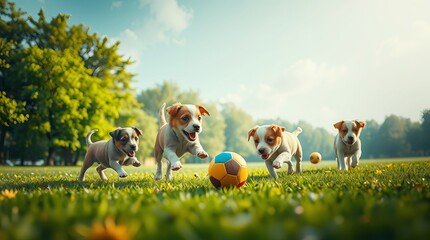 Four adorable puppies playfully chase a soccer ball across a vibrant green lawn, bathed in the warm glow of sunshine.